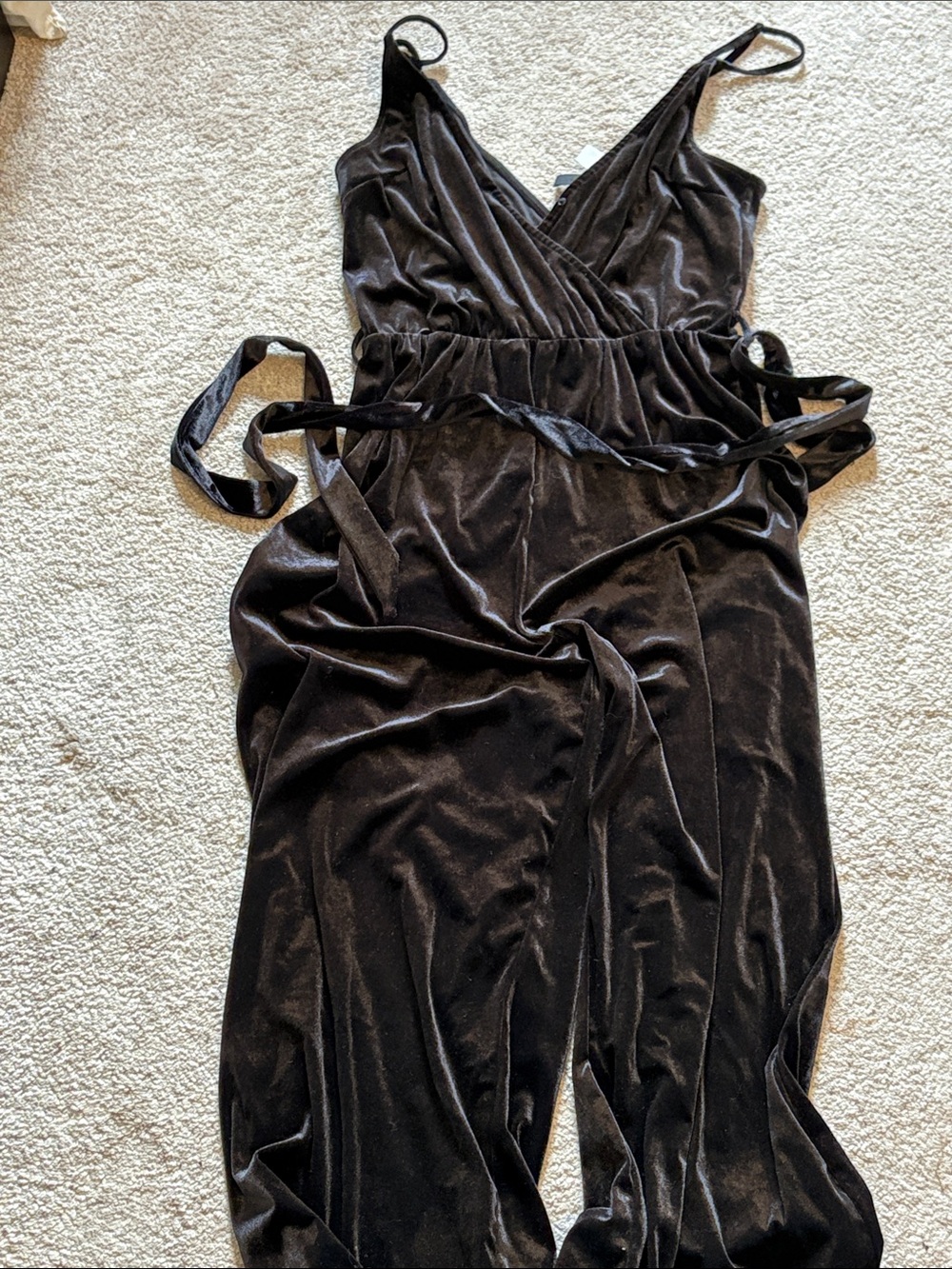 Divided Black Velvet Wrap Jumpsuit with Waist Tie